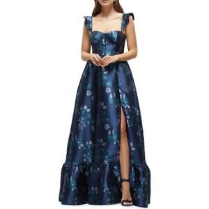 Dessy Collection Baroque Rose Structured Bodice Gown Blue